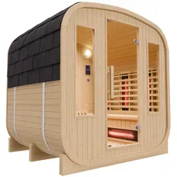 Dewello Outdoor Infrarot-Fasssauna RICHMOND 200x180x200 - Sauna für entspannende Wellnessmomente im Freien, bietet eine effiziente Infrarotwärme für schnelle Muskelentspannung und Wohlbefinden.