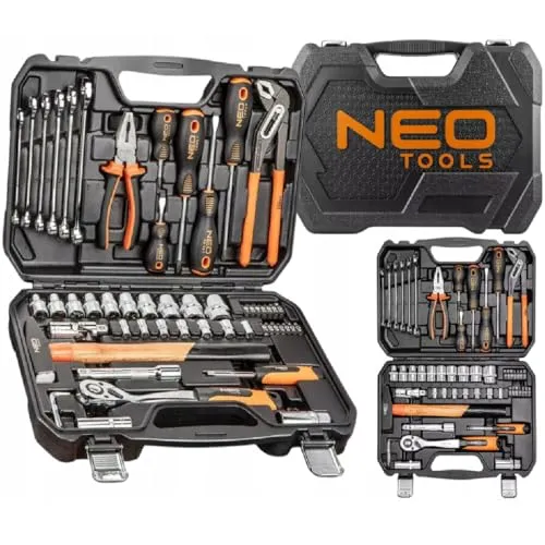 Profi 56-tlg Werkzeugkoffer, Neo Haushalts-Werkzeugkoffer, 2-tlg aufklappbar, robuste Kunststoffkoffer, Handwerkzeugen bestückt, Großes Schraubendrehersortiment, Steckschlüssel und Bitsortiment