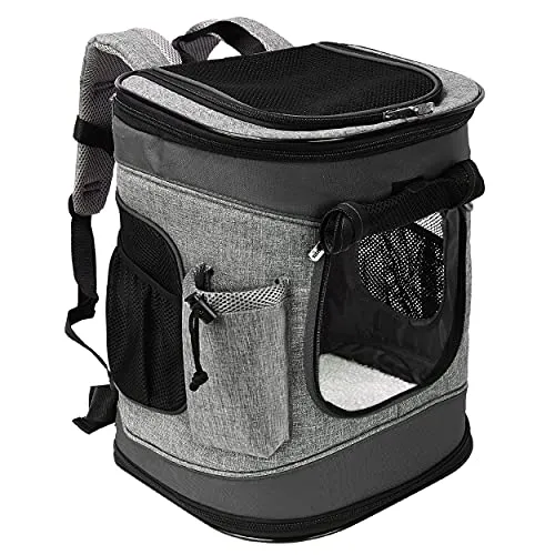Katzenrucksack Hunderucksack bis 6.8KG, Faltbare Haustier Tragetasche mit Innerer Sicherheitsleine und Matte für Katzen und Hunde, Schwarz