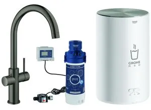 Grohe Red Duo Spültischarmatur mit C-Auslauf - Hard Graphite - Küchenarmatur mit integriertem Boiler Größe M, bietet sofort heißes Wasser für perfekte Teezubereitung und schnelle Kochvorgänge.