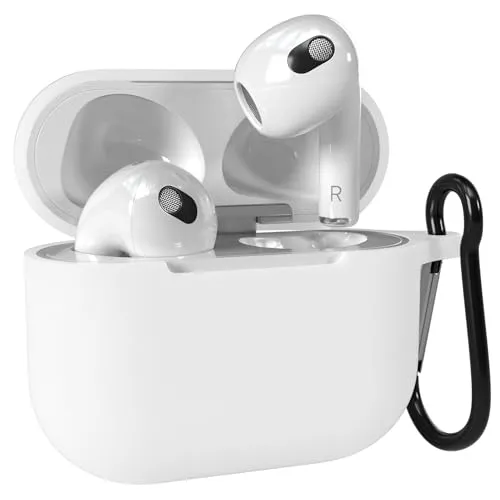 EAZY CASE - Schutzhülle für AirPods 3 Hülle Weiß Silikon Case Stoßfest mit Karabiner geeignet als Schlüsselanhänger Antikratz Etui rutschfeste Silikonhülle für Airpod 3. Generation in Weiß
