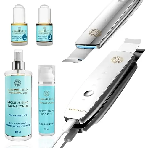 Lumineo Ultraschall Peelinggerät Mega Set mit 4 Pflegefunktionen und exklusiver Hautroutine inklusive Gesichtswasser zwei Seren und Gesichtscreme für sichtbar glattere strahlende Haut