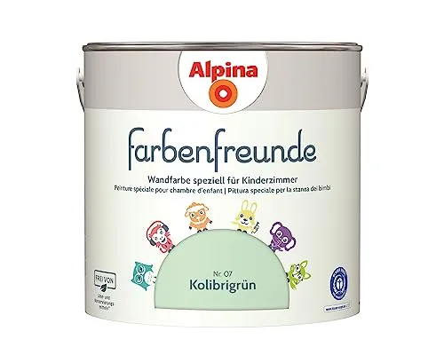 Alpina Farbenfreunde Nr. 07 Kolibrigrün – Wandfarbe für Kinderzimmer - Frei von Löse- und Konservierungsmitteln, ideal für ein gesundes Raumklima. 2,5L für ca. 20-25m², ausgezeichnet mit dem Blauen Engel.