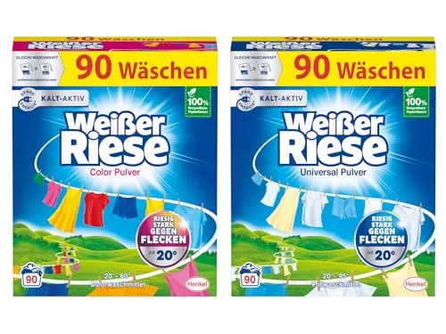 Weißer Riese Pulver Vollwaschmittel (Spar-Pack, 2x 90 WL) - Waschmittel für Waschmaschinen, kraftvolle Reinigung für bunte und weiße Wäsche, mit Duftstoffen und Enzymen für strahlende Ergebnisse.