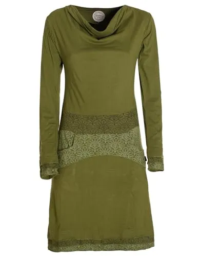 Vishes - Alternative Bekleidung - Langarm Damen Kleid mit Wasserfallkragen Bund Bedruckt Taschen Olive 40