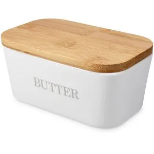 Navaris Keramik Butterdose mit Bambusdeckel - Praktische Butterdose mit Silikondichtungsring für luftdichte Aufbewahrung. Ideal auch für Gemüse, Käse oder Kekse. Spülmaschinengeeignet und platzsparend.