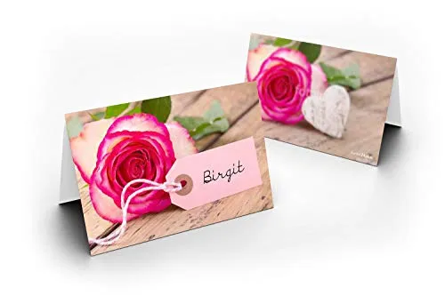 / Tischkarten/Rose mit Holz Herz/UV-Lack glänzend/für Weihnachten/Silvester/Hochzeit/Geburtstag/Jubiläum/als Tischdekoration/Format / 8,5 x 11,2 cm / 850 mm x 1120 mm 25