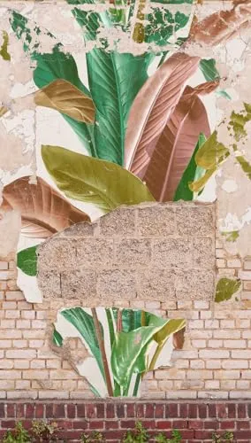 Fototapete Ziegestein Mauer Blattmuster Beige Rosa Grün - Moderne Vliestapete für 4,45 m², abziehbar und lichtbeständig – ideal für jeden Raum und verleiht Ihrem Zuhause einen stilvollen Look.