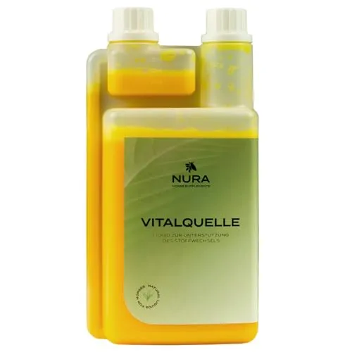 NURA HORSE SUPPLEMENTS Vitalquelle - Stoffwechsel Liquid für Pferde - Ergänzungsfuttermittel zur Unterstützung von Leber, Niere & Entgiftung - mit Mariendistel & Artischocke - 1L - Made in Germany