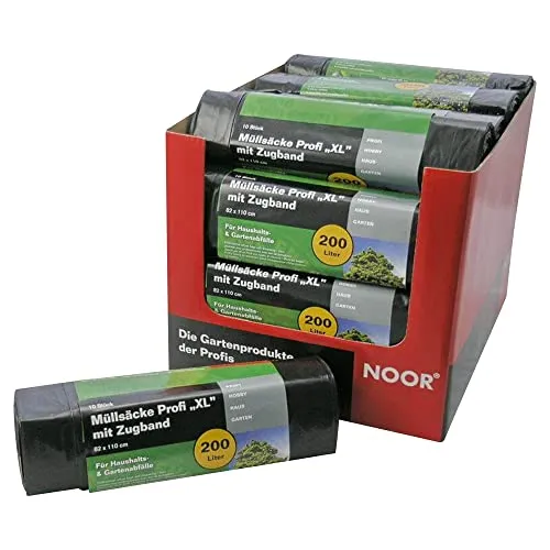 NOOR Müllsack Profi ‘XL’ 200 L I Schwarze, recycelbare Müllsäcke mit Zugband für eine einfache Verwendung I Extra starker Haushalts- und Gartenabfallsack I 10er Rolle