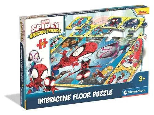 Clementoni Quiz-Bodenpuzzle - Spidey und Seine Freunde - Interaktives Puzzle mit Stift, Lernspiel für Kinder ab 3 Jahren, 24 Teile, 62 x 42 cm, 16686