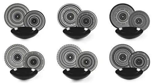 Excelsa Etnik Teller-Set, 18-teilig, Keramik, Weiß und Schwarz