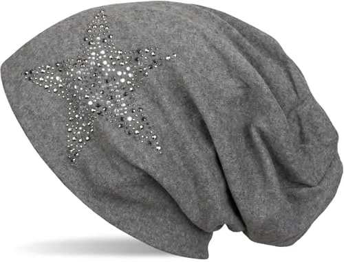 styleBREAKER Damen Slouch Beanie Mütze mit Strass Stern | Glitzer Longbeanie aus weicher Viskose | One Size für Erwachsene, Farbe:Grau meliert