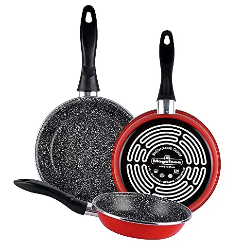 3-teiliges Set Pfannen Magefesa K2 Rot (20/24/28 cm) - Pfannen-Set aus emailliertem Stahl mit verstärkter Antihaftbeschichtung, ideal für alle Herdarten und spülmaschinenfest. Hergestellt in Spanien für hohe Energieleistung.