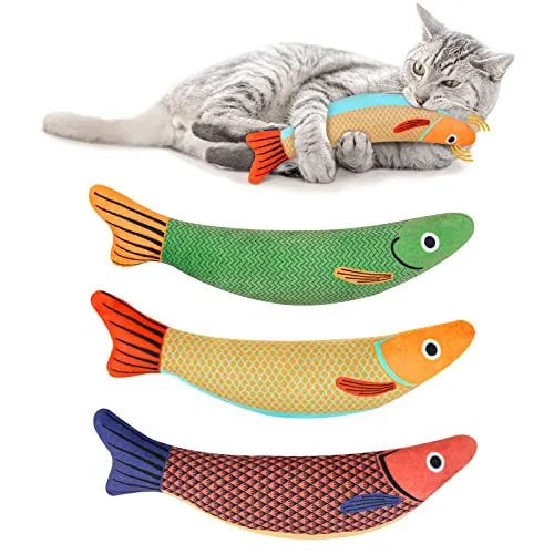 Aibuddy Spielzeug mit Katzenminze, 3 Stück Fische Simulation Waschbares Katzen Spielzeug, Plüsch Katzenspielzeug mit Glocke im Inneren, Plüsch-Cartoon-Kätzchen, Zahnen, Interactive Cat Toy