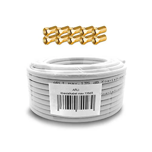 ARLI 50m Koaxialkabel – max. 135 dB 5-fach geschirmt UV-beständig + 10x F-Stecker vergoldet mit breiter Mutter & Dichtring für DVB-S DVB-T2 4K HDTV