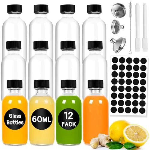 Gucass 12 Stück Shot Flaschen zum Befüllen, 60ml Kleine Shotgläser mit Deckel, Glasflaschen zum Befüllen mit Trichter, Etiketten, Stift und Bürste, Mini Fläschchen für Saft, Ingwer Shot, Whisky