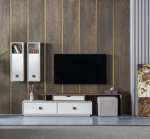 TV-Lowboard Minimalismus – Stilvolles Möbelstück für Ihr Wohnzimmer - Abteilung: Erwachsene, modernes TV-Lowboard mit 2 Schubladen und 2 Türen, bietet viel Stauraum und besticht durch sein elegantes Design. Maße: 208 x 45 x 52 cm, Farbe: Beige, Material: Holzfurnier.