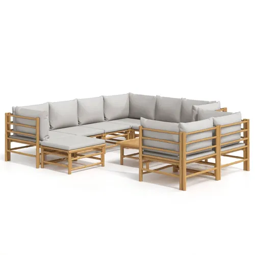vidaXL 10-tlg. Garten-Lounge-Set mit Hellgrauen Kissen aus Bambus - Elegantes Garten-Lounge-Set aus robustem Bambus, ideal für entspannte Stunden im Freien. Inklusive bequemen, dick gepolsterten Kissen und praktischem Tisch für Speisen und Getränke.