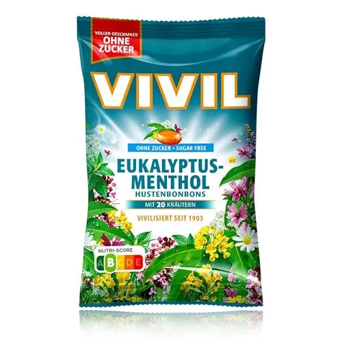 VIVIL Eukalyptus-Menthol mit 20 Kräuter, 1 Beutel, Hustenbonbons mit Eukalyptusgeschmack, ohne Zucker & vegan, 1 x 120g