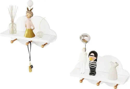 Woltu Kinder-Wandregal, 2-tlg. Wolkenregal mit Haken, weiß - Platzsparendes 2-teiliges Wolkenregal für Kinderzimmer. Ideal zur Aufbewahrung von Spielzeug und Büchern. Mit abgerundeten Kanten und kinderfreundlichem Design.