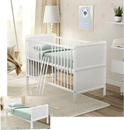Baby-Delux Babybett Kinderbett Max 2in1 weiß 60x120 Kiefermassivholz, Lattenrost, Beißschienen zum Schutz
