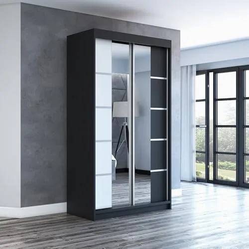Schwebetürenschrank ERA 120 cm mit Spiegel - Moderner 2-türiger Schwebetürenschrank in Schwarz/Weiß, gefertigt aus hochwertiger laminierter Platte, mit leichtgängigen Aluminium-Schiebetüren und viel Stauraum für Ihre Kleidung.
