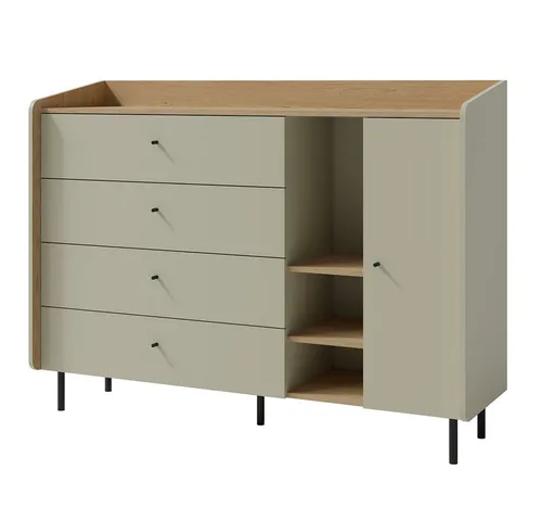 Lomadox Sideboard ALAMO-133, grün mit Eiche Nb., 4 Schubladen, 1 Tür, 3 offene Fächer