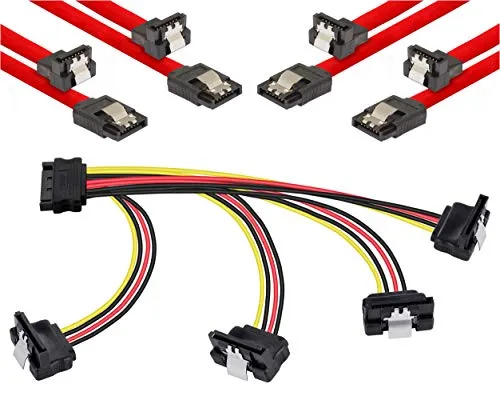 POPPSTAR Sata Kabel Set (Stecker gerade-90° gewinkelt), 4x 0,5m Sata 3 Datenkabel, rot + 20cm 4-Fach Y-Stromkabel Adapter