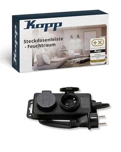 Kopp 2-Fach Feuchtraum-Steckdosenleiste Schwarz - Praktische 2-Fach Steckdosenleiste mit Klappdeckeln für breite Netzteile. IP44 spritzwassergeschützt, ideal für drinnen und draußen. Flexibel montierbar für optimales Kabelmanagement.