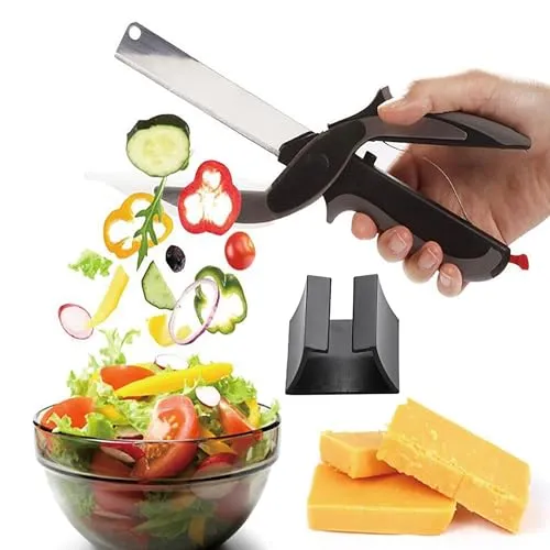 2-in-1 Edelstahl Gemüseschneider und Küchenmesser mit mini Schneidebrett für Salate, Gemüse, Fleisch, Kartoffeln und Brot, Küchenschere, Haushaltsschere mit Schneidebrett