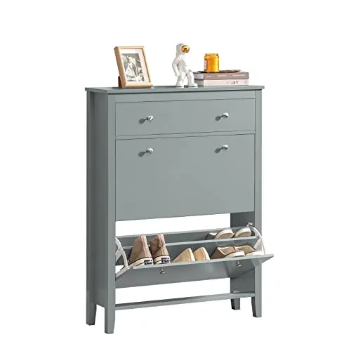 SoBuy FSR89-HG Schuhkipper - Schuhschrank mit 2 Klappen und Schublade - Schuhschrank in Grau, nur 25 cm tief, ideal für Eingangsbereiche; bietet Platz für eine große Auswahl an Schuhen und hat einen geräumigen Schubkasten für Accessoires.