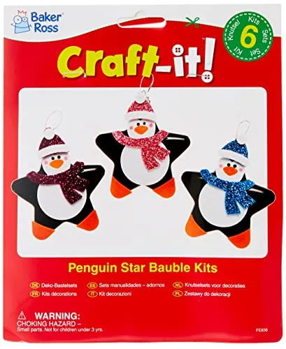Baker Ross FE836 Pinguin Weihnachtsstern Dekoration Bastelset - Packung mit 6, Bastelt Eure Eigenen Weihnachtsdekorationen, Kugel Dekorationen für Kinder zum Basteln und Aufhängen