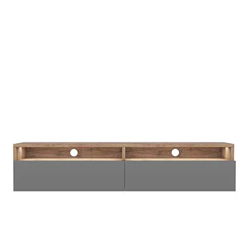 Selsey REDNAW - TV-Schrank/modernes TV-Board für Wohnzimmer, stehend/hängend, 140 cm breit (Wotan Eiche Matt/Grau Hochglanz mit LED)