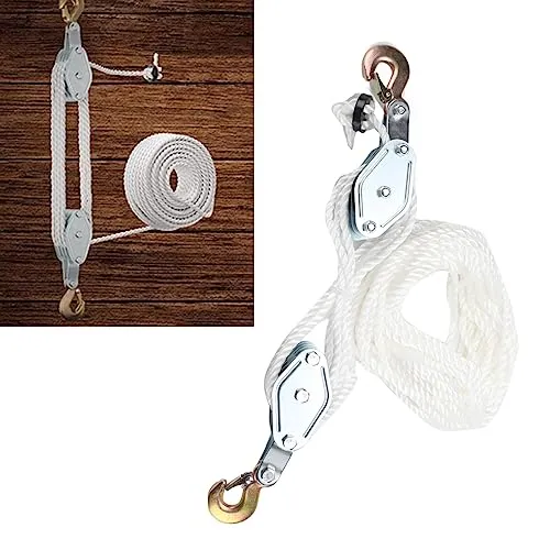ECUTEE Flaschenzug mit Seilbremse und 20m Nylonseil - Umlenkrollen aus robustem A3-Edelstahl, ideal zum Heben von Lasten bis 900 kg. Perfekt für Forsteinsatz, Jagd und Werkstatt, leicht zu verstauen!