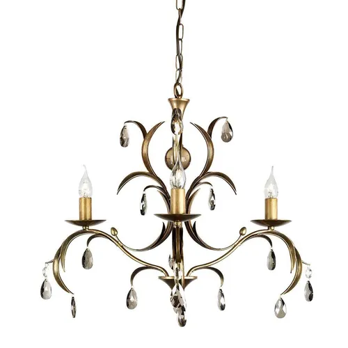 Kronleuchter Lily mit 3 Lichtern - Eleganter Kronleuchter aus der Lily-Reihe mit handpatinierten Lilienblättern und rauchigen Glastropfen. Ideal für stilvolle Innenräume, höhenverstellbar und in exklusiver Bronze-Optik.