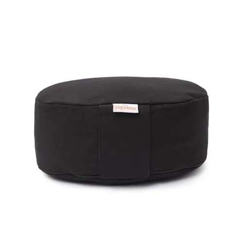 Yogabox Yogilino® Reise Meditationskissen Mini oval, schwarz - Kompaktes Yogakissen mit praktischer Trageschlaufe für unterwegs. Ideal für Meditation und Yoga, aus 100% Baumwolle gefertigt. Gewicht: 1.1 kg, Breite: 21 cm.