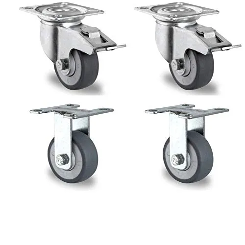 Rollensatz 2 Lenkrollen mit Feststeller + 2 Bockrollen 50 mm Thermoplastisches Gummi 