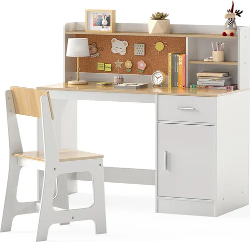 COSTWAY Kinderschreibtisch mit Stuhl und Stauraum - Kinderschreibtisch mit integriertem Regal, Schublade und Pinnwand, ideal für kreatives Lernen und Spielen. Ergonomischer Stuhl für optimalen Komfort, perfekt für Kinder ab 3 Jahren.