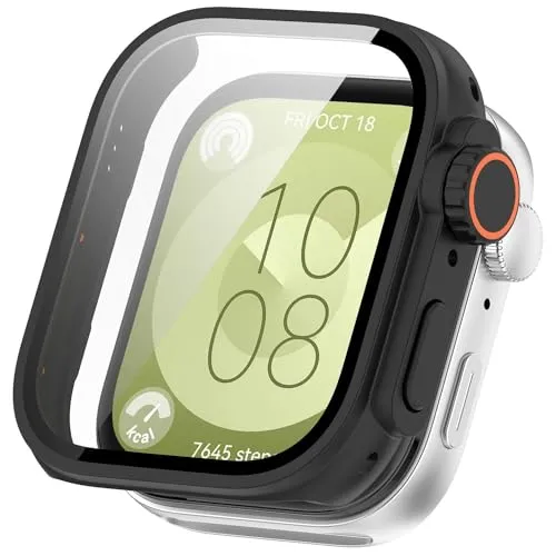 Wigento Für Huawei Watch Fit 3 Kunststoff Smart Watch Hülle Case Tasche + H9 Schutzglas Cover Schwarz