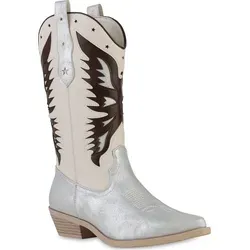 VAN HILL Damen Cowboystiefel mit Trichterabsatz und Stickereien - Silber Beige 36 - Stylische VAN HILL Cowboystiefel mit Trichterabsatz und trendiger Stickerei. Ideal für modebewusste Damen, die einen besonderen Look suchen. Perfekt für jeden Anlass!