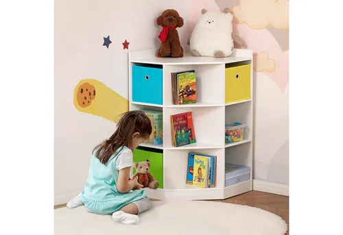 HOMCOM Kinderregal Spielzeugablage, Eckregal mit 3 Aufbewahrungsboxen 1-tlg., für Kinderzimmer, für 3-12 Jahre Kinder, Weiß