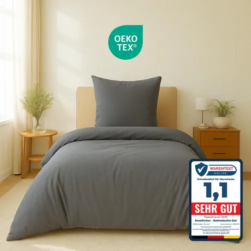 Komfortec Premium Bettwäsche 155x220 cm Bettbezug + 80x80 cm Kissenbezüge, gebürstet 100% Polyester-Mikrofaser 120 g/m², 2 teiliges Superweiches Bettwäsche-Set, Grau