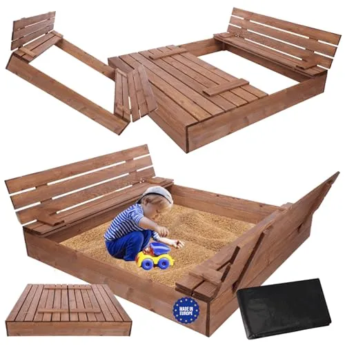 MODO24 Sandkasten mit Deckel und Sitzbänken, Holzsandkasten, Gartenspielzeug für Kinder, Sandkasten für Garten, Outdoor Sandkasten mit Bänken, Abmessungen 140x137 cm, Farbe: Braun (imprägniert)