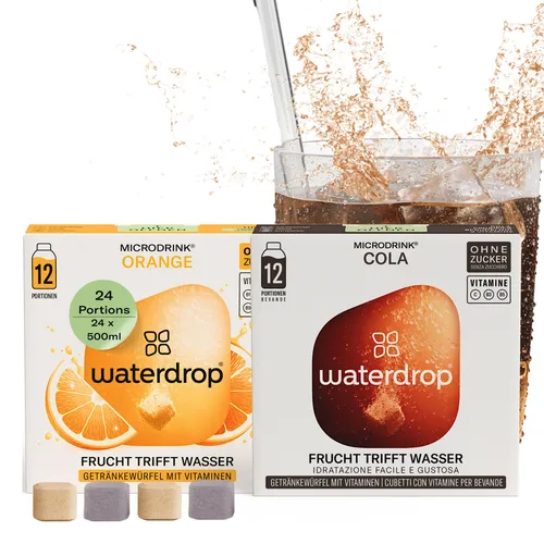 waterdrop® Mix Cola Orange Set – 24 Würfel mit Vitaminen - Getränkesirup & -zusätze – Genieße die Kombination aus COLA & ORANGE, angereichert mit B-Vitaminen und Vitamin C für mehr Energie, zuckerfrei und kalorienarm.