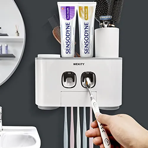 Wekity Zahnbürstenhalter, Multifunktional Zahnbürstenhalter Wand und Zahnpasta Squeezer Kit mit 5 Zahnbürstenschlitze, 2 Automatische Zahnpastaspender und 4 Tassen grau