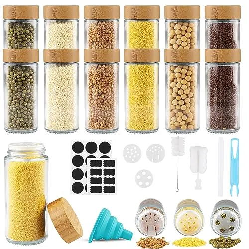 Vexillic Gewürzgläser (12 x 120ml),Gewürzdosen Rund Hochwertigem Holzdeckel aus Bambus,Gewürzstreuer Glas Gewürzbehälter,Gewürzgläser mit Streueinsatz Hochwertige Gewürze organizer[10,8cm x 4,2cm]