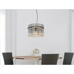 LED Hängelampe mit Rauchglas für Esstisch, Ø40cm - Stilvolle einflammige Pendelleuchte mit schwarzem Metallrahmen und rauchfarbigen Echtglasstäben. Ideal für gemütliche Atmosphäre, dimmbar in 3 Stufen mit austauschbarem E27 LED Leuchtmittel.