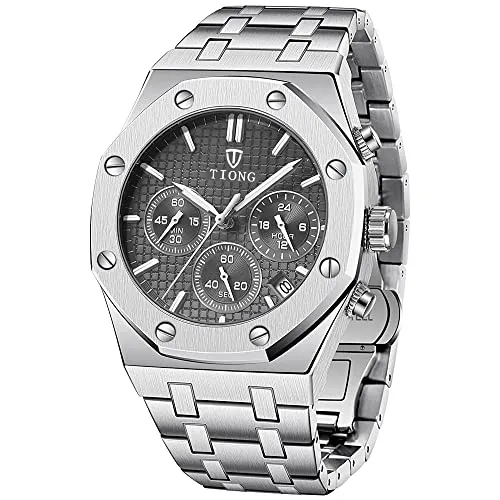 Business-Herrenuhr mit silbergrauem Quarz-Stahlarmband Herrenuhr mit 6 Zeigern, Quarzwerk, wasserdicht, Leuchtend- Silbergrau ,Vatertagsgeschenk