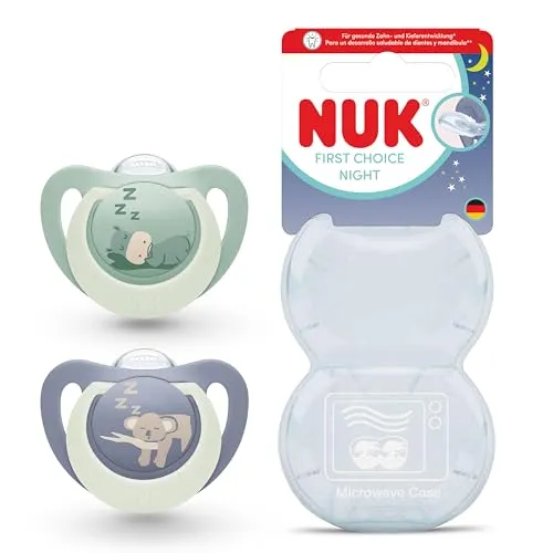 NUK First Choice Night Baby-Schnuller | 18-36 Monate | kieferorthopädischer Schnuller, leuchtet im Dunkeln | Beruhigt 99% der Babys ** | Nilpferd/Koala | 2 Stück